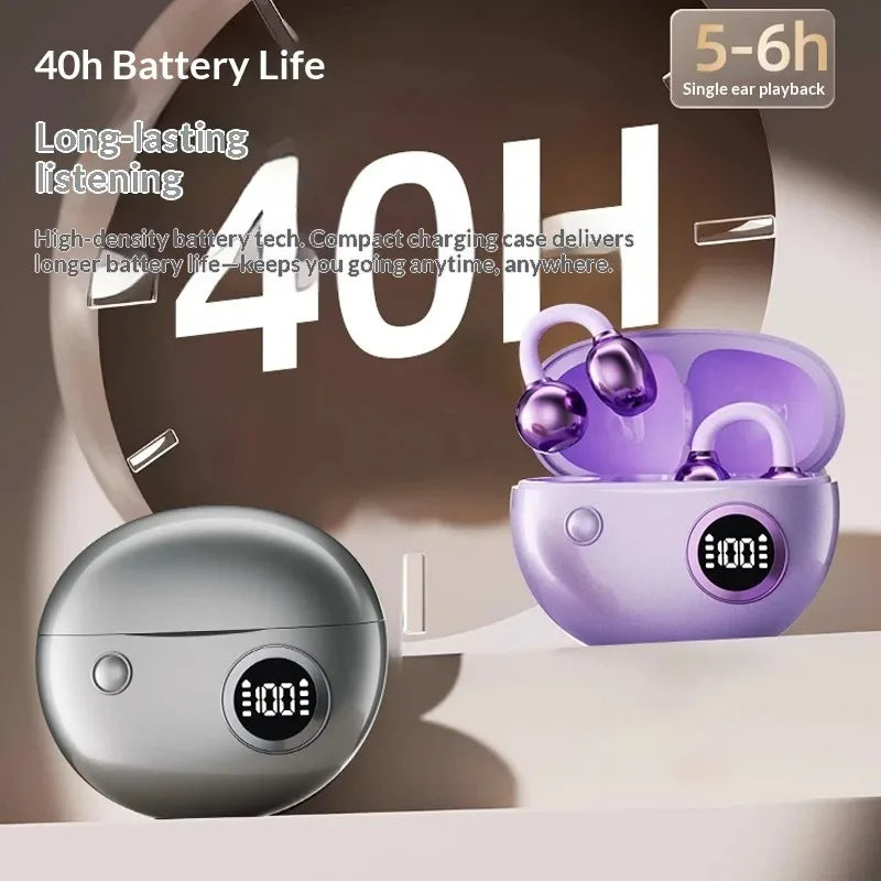 Clip-On Wireless Bluetooth Earbuds Sound Ultra Long Battery Life Digital Power Display Noise Reduction Secure Comfort Fit
