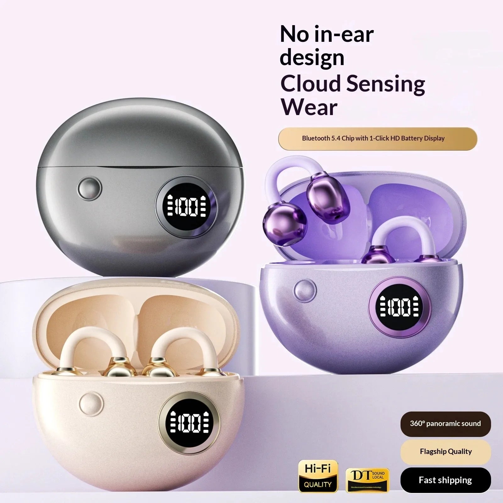 Clip-On Wireless Bluetooth Earbuds Sound Ultra Long Battery Life Digital Power Display Noise Reduction Secure Comfort Fit